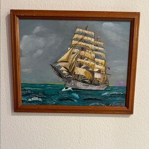 Nautical Ship Original Oil Painting with Wooden Frame 15”x12” Wall Decor Vintage